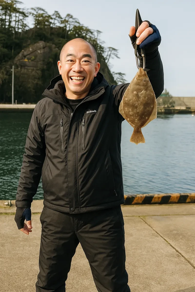 重茂漁港でカレイの釣果を得たがんだま君.webp