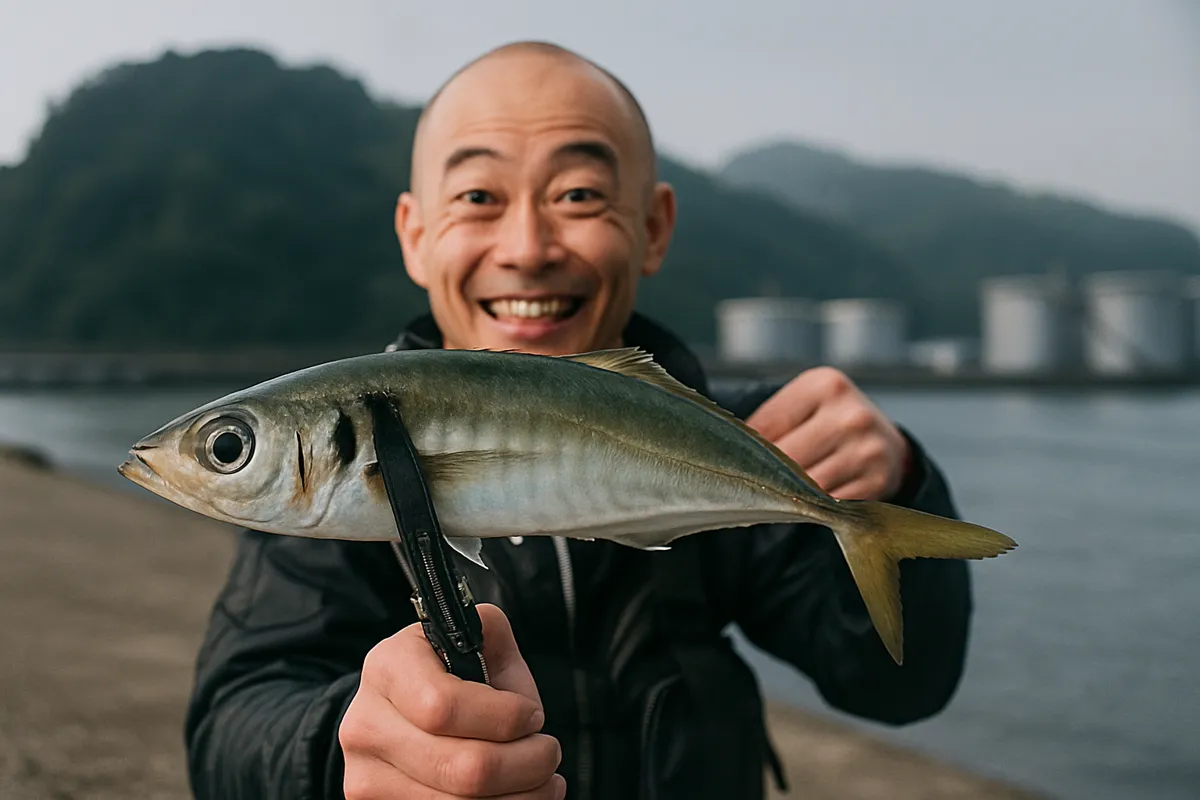 野内漁港でアジの釣果を得たがんだま君.webp