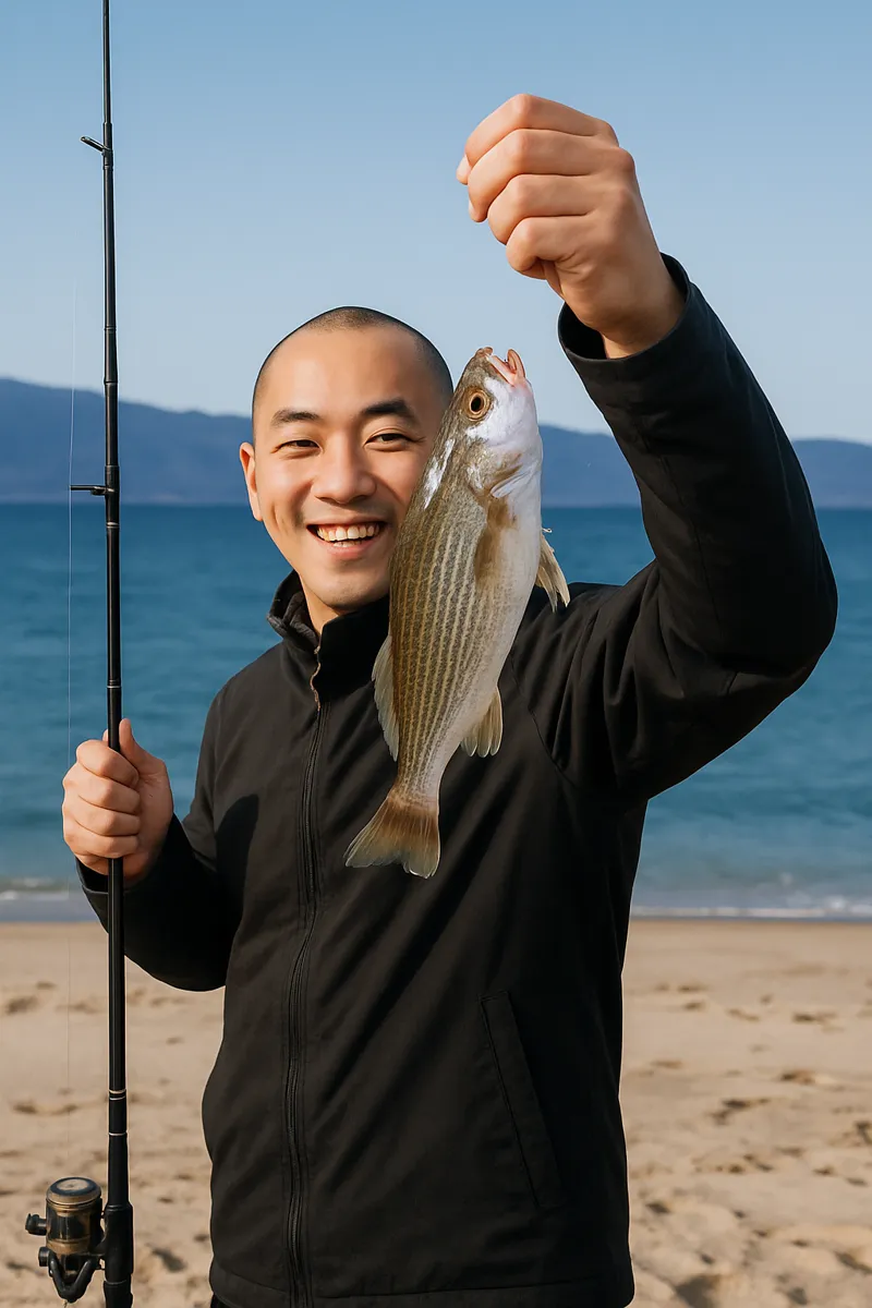 野蒜海岸でイシモチの釣果を得たがんだま君.webp