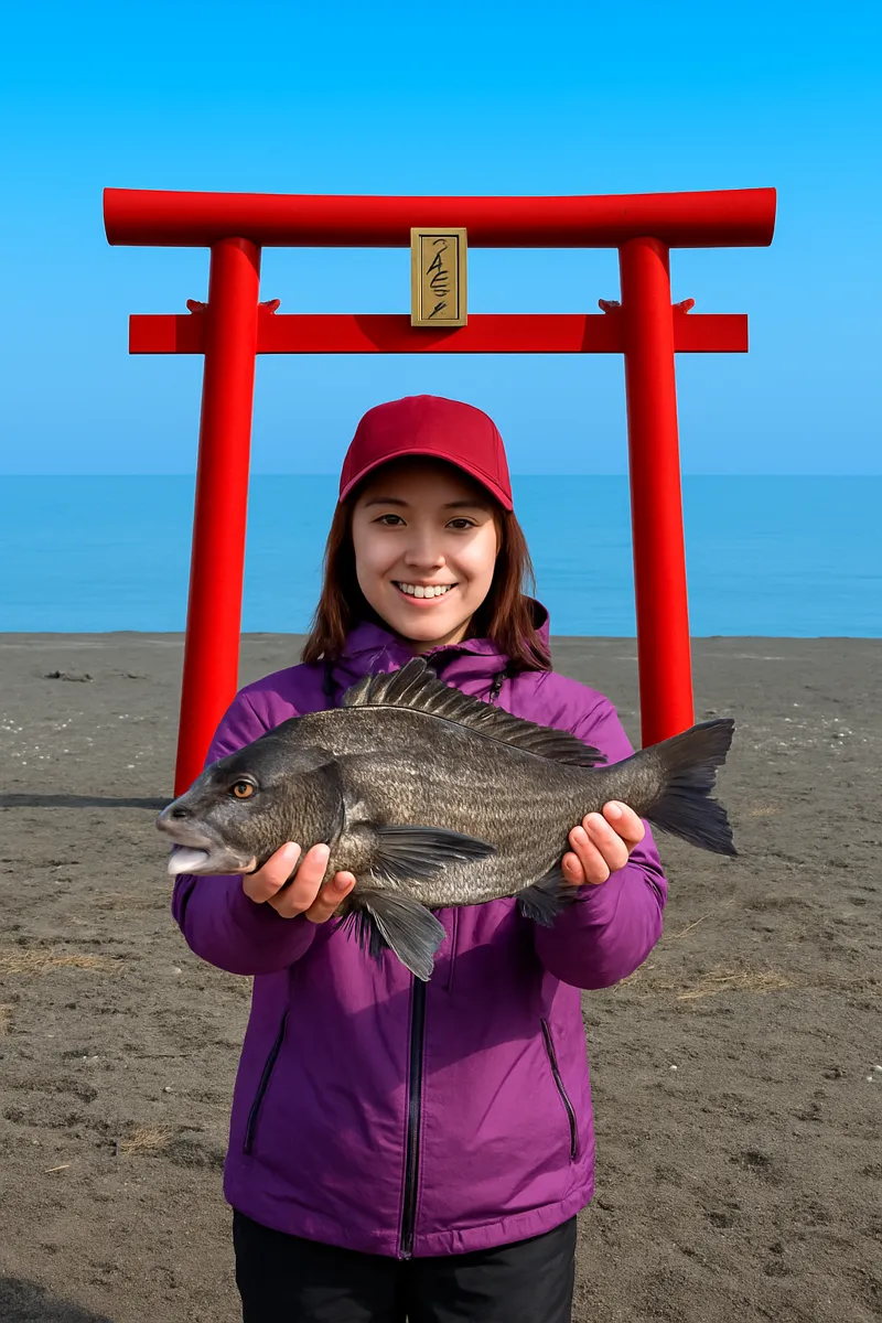 野蒜海岸でクロダイの釣果を得た女性.webp