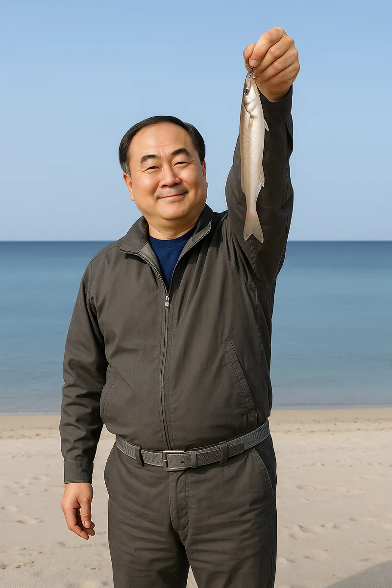 野蒜海岸でシロギスの釣果を得た持田.webp