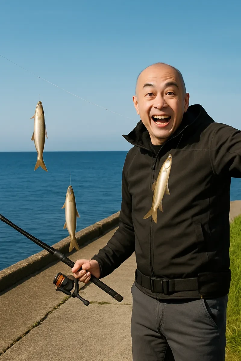 野辺地港でチカの釣果を得たがんだま君.webp