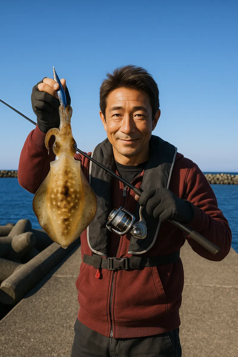 金沢漁港でアオリイカの釣果を得た亀岡.webp