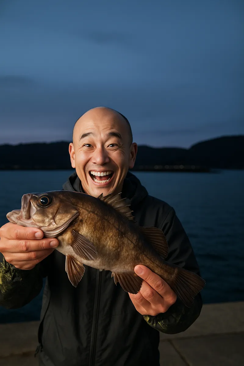 金華山でメバルの釣果を得たがんだま君.webp