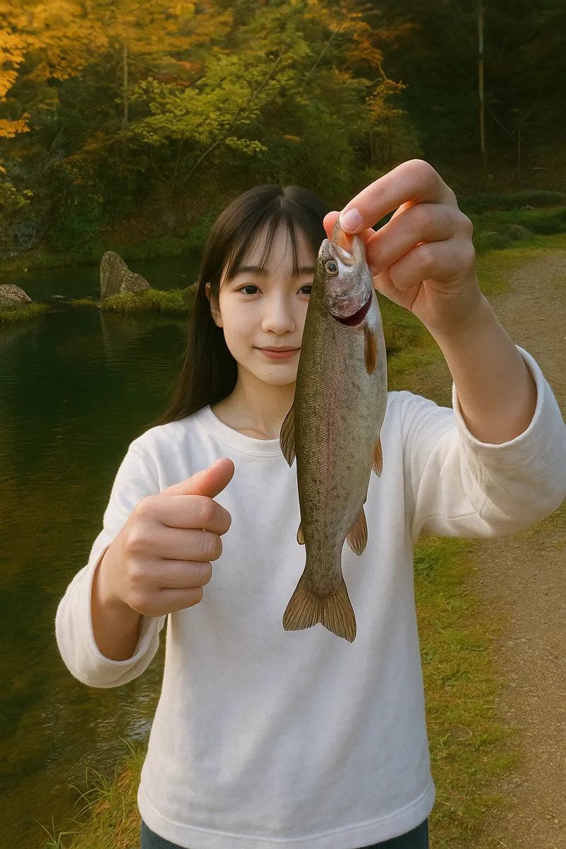 釜房渓流つりでニジマスの釣果を得た国生.webp