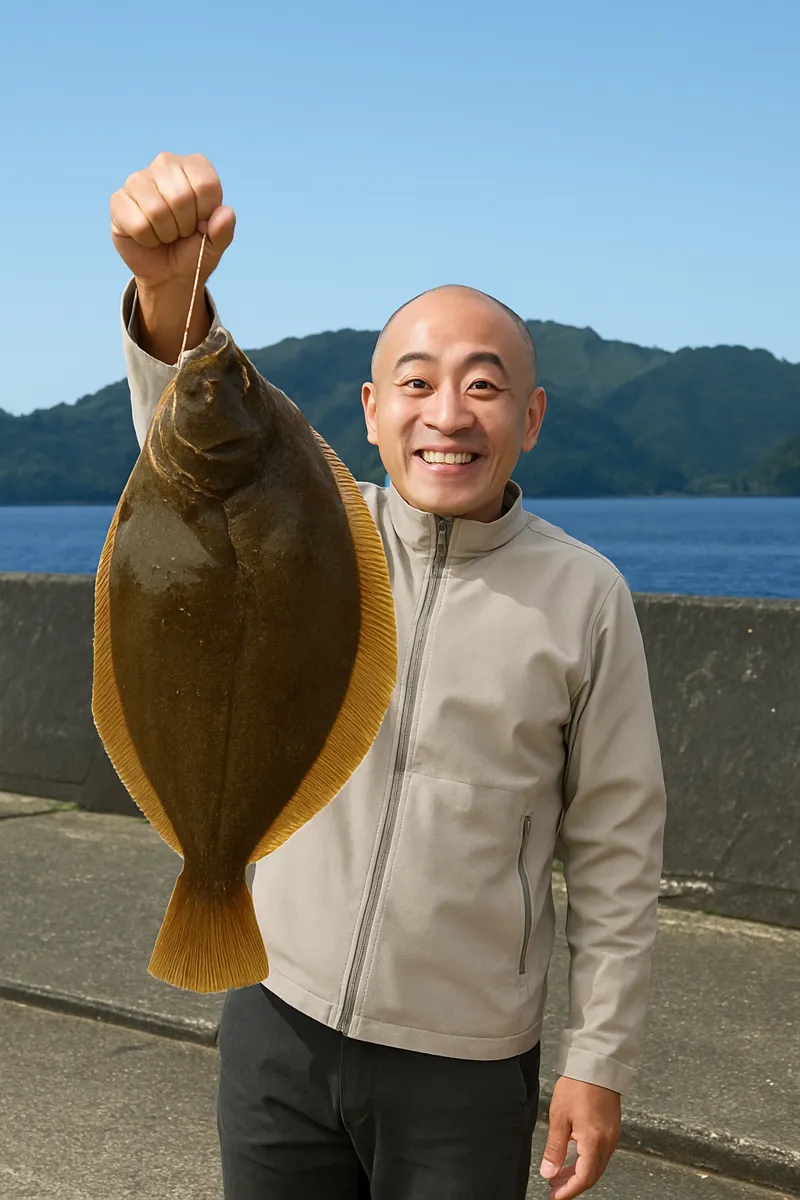 釜石港でカレイの釣果を得たがんだま君.webp