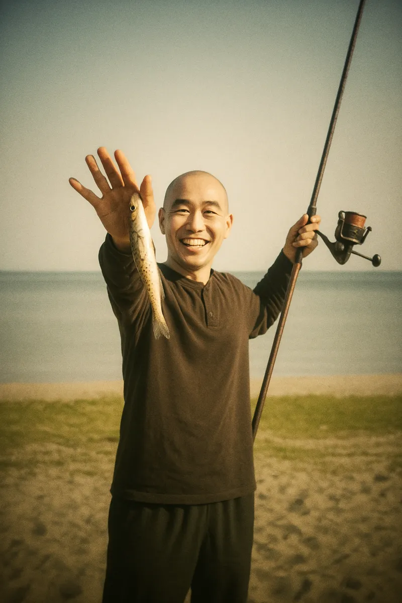 釜谷浜でシロギスの釣果を得たがんだま君.webp