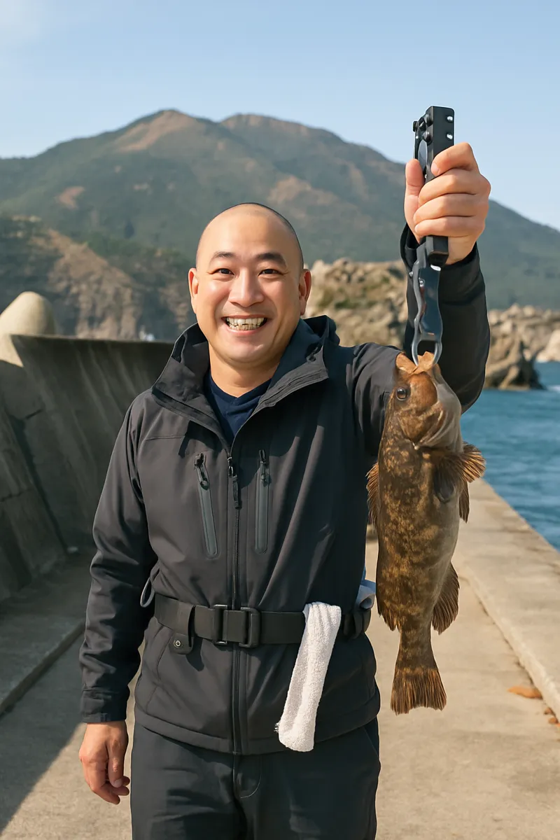 長崎漁港でアイナメの釣果を得たがんだま君.webp