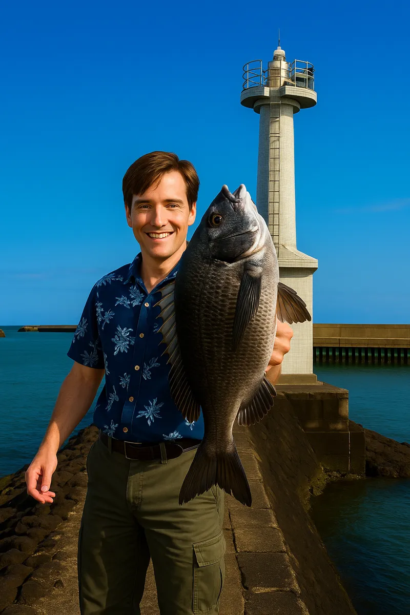 長洲漁港でチヌの釣果を得た男性..webp