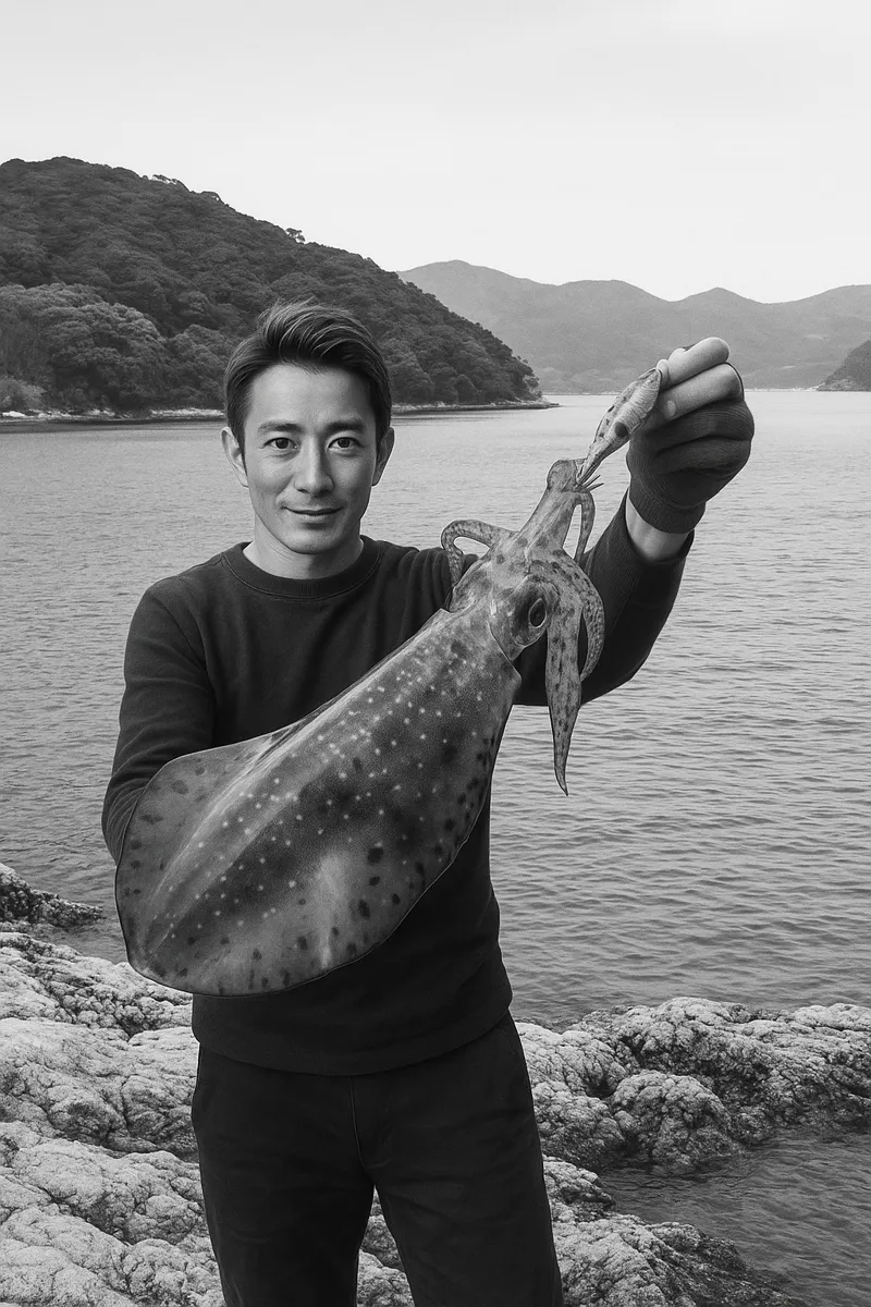 長目港横の地磯でアオリイカの釣果を得た亀岡.webp