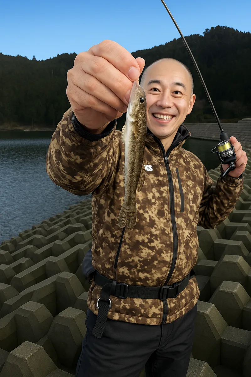 長面浦でハゼの釣果を得たがんだま君.webp