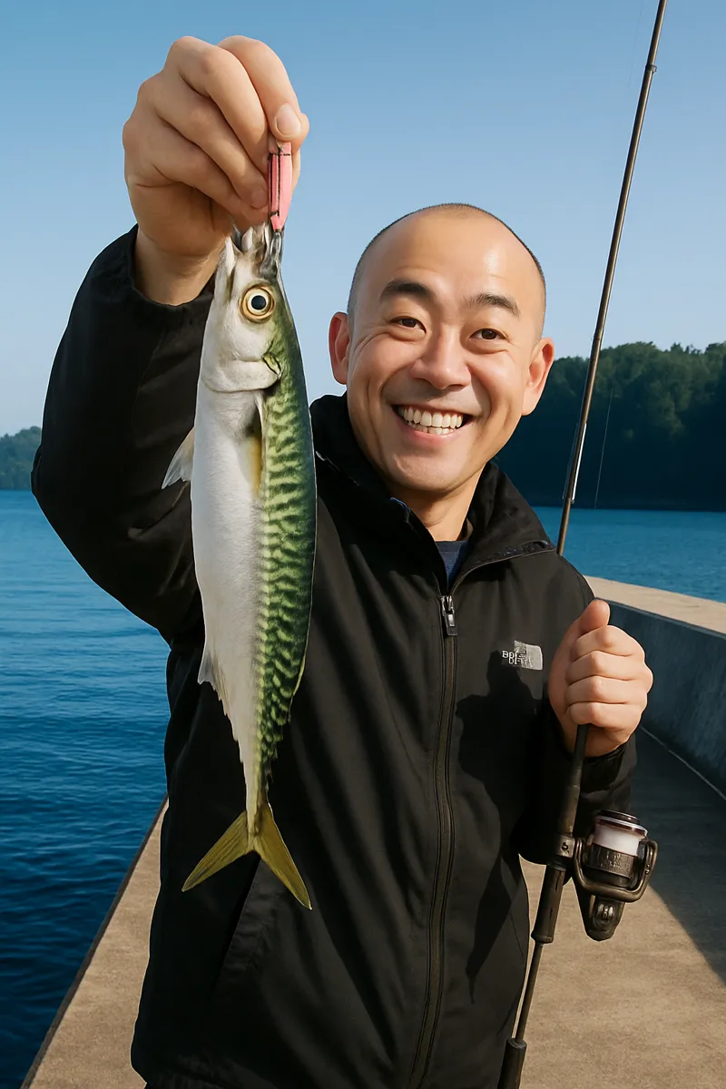 門之浜漁港でサバの釣果を得たがんだま君.webp
