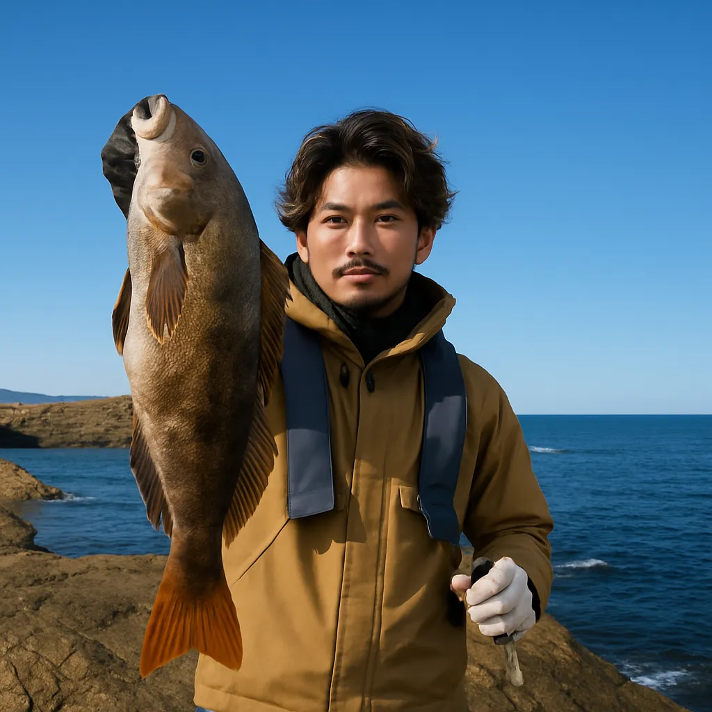 閉伊崎でアイナメの釣果を得た澤田.webp