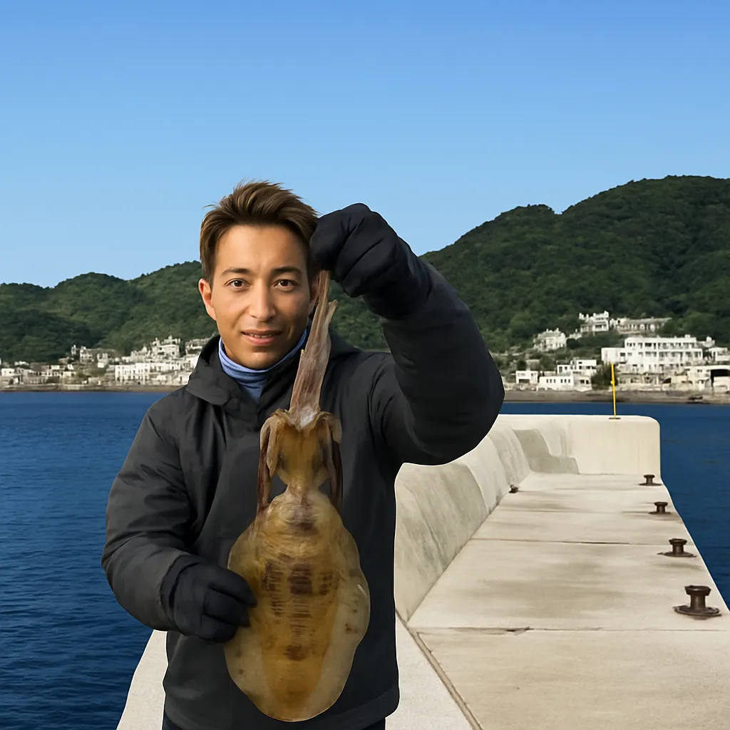間元漁港でアオリイカの釣果を得た亀岡.webp