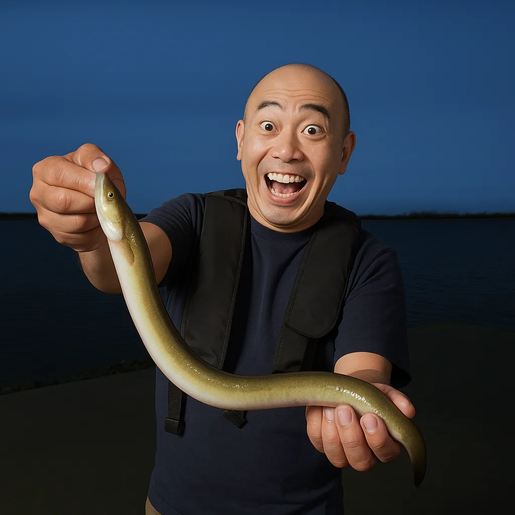 閖上漁港でウナギの釣果を得たがんだま君.webp