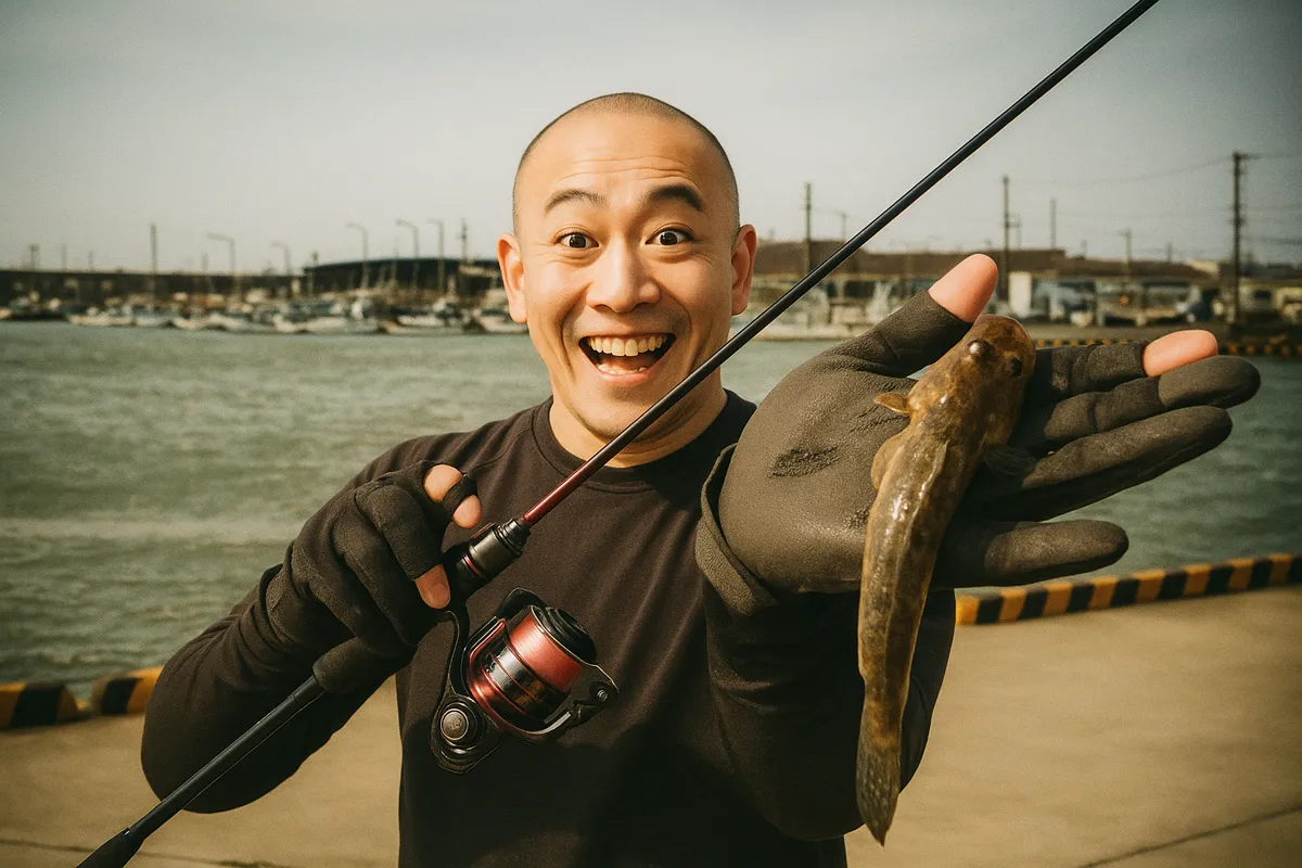 閖上漁港でハゼの釣果を得たがんだま君.webp