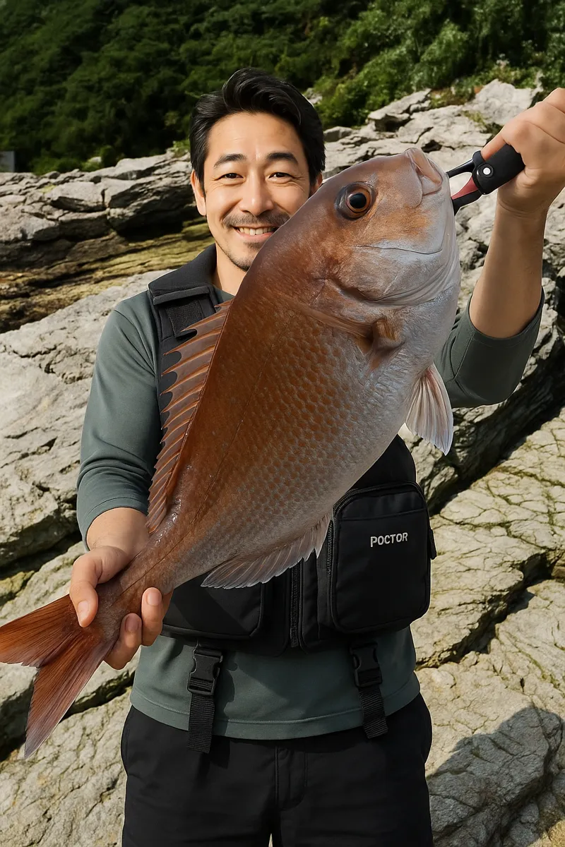 関崎灯台下でマダイの釣果を得た佐々木.webp