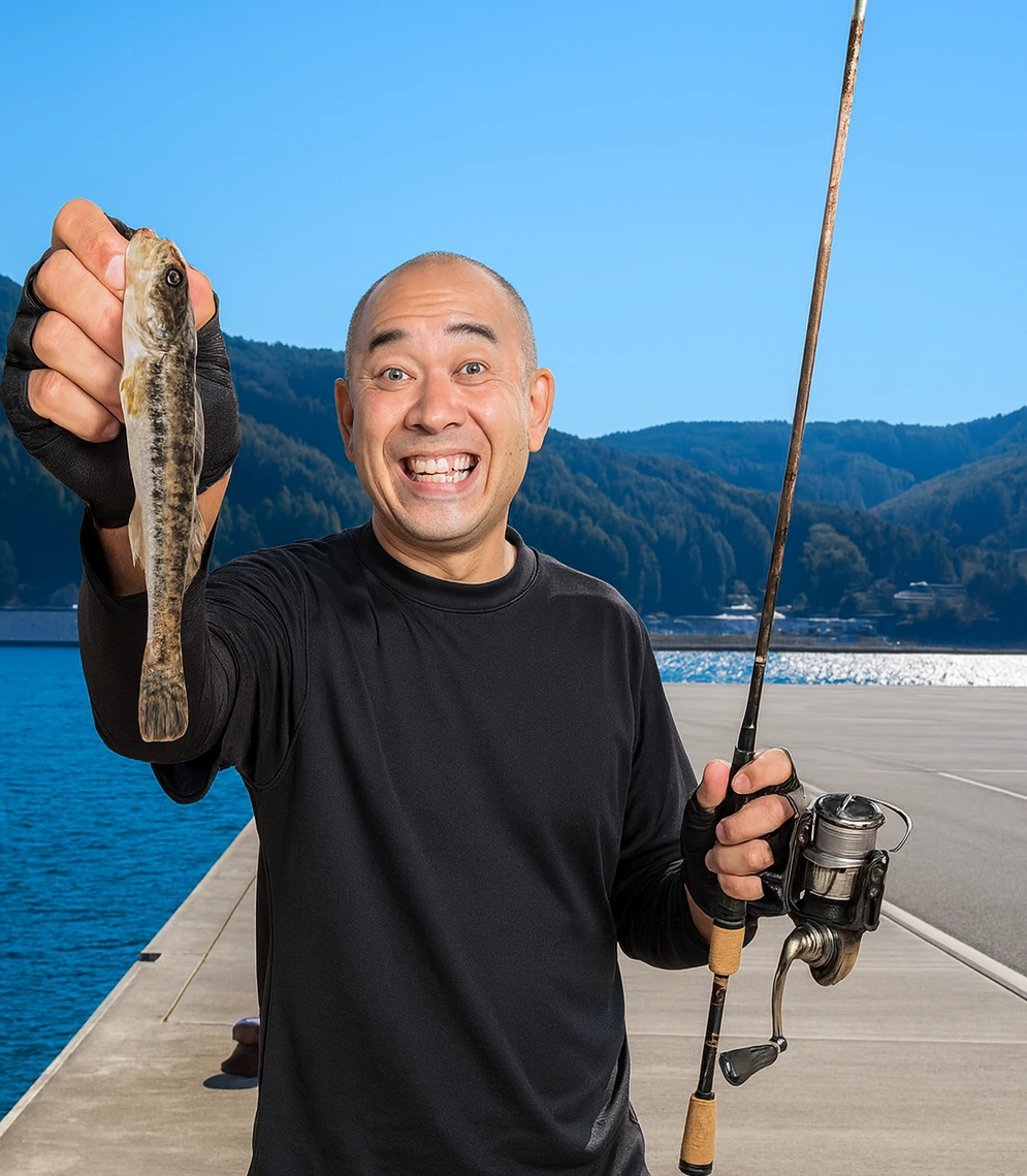 雄勝港でハゼの釣果を得たがんだま君.webp