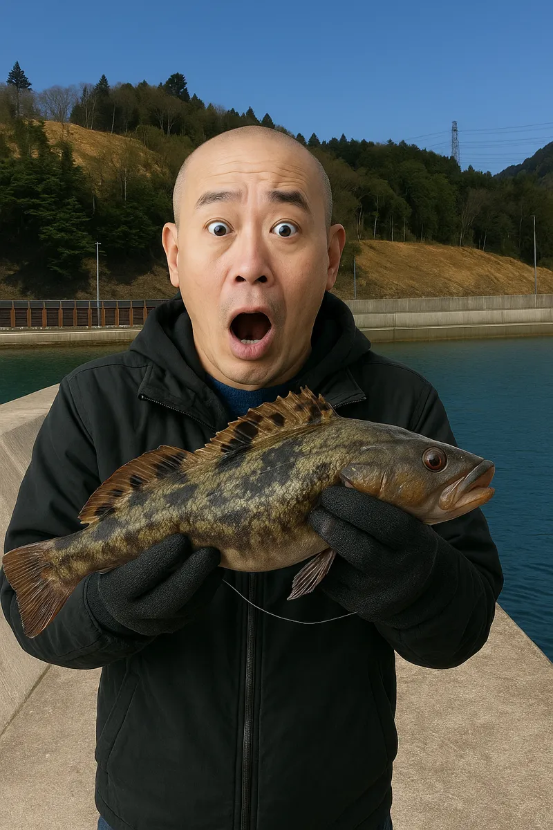飯子浜漁港でアイナメの釣果を得たがんだま君.webp