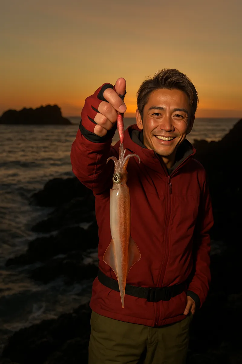 館山崎でヤリイカの釣果を得た亀岡.webp