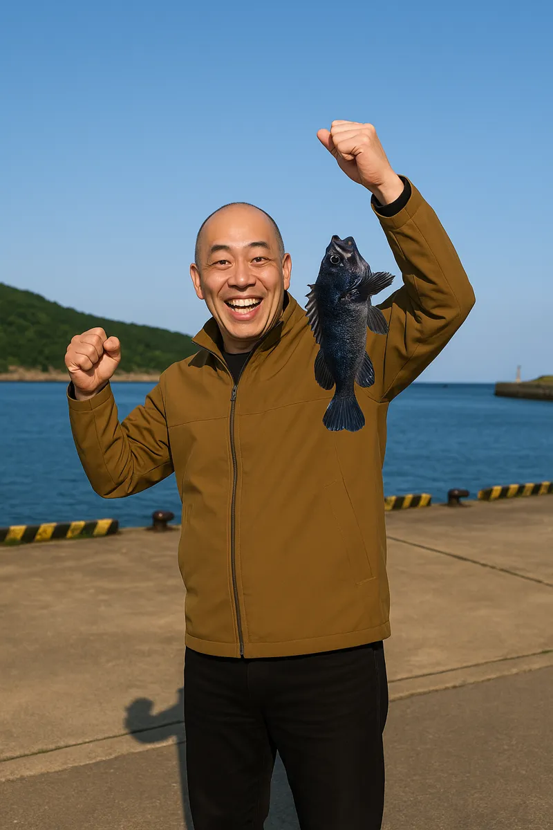 鮎川港でソイの釣果を得たがんだま君.webp