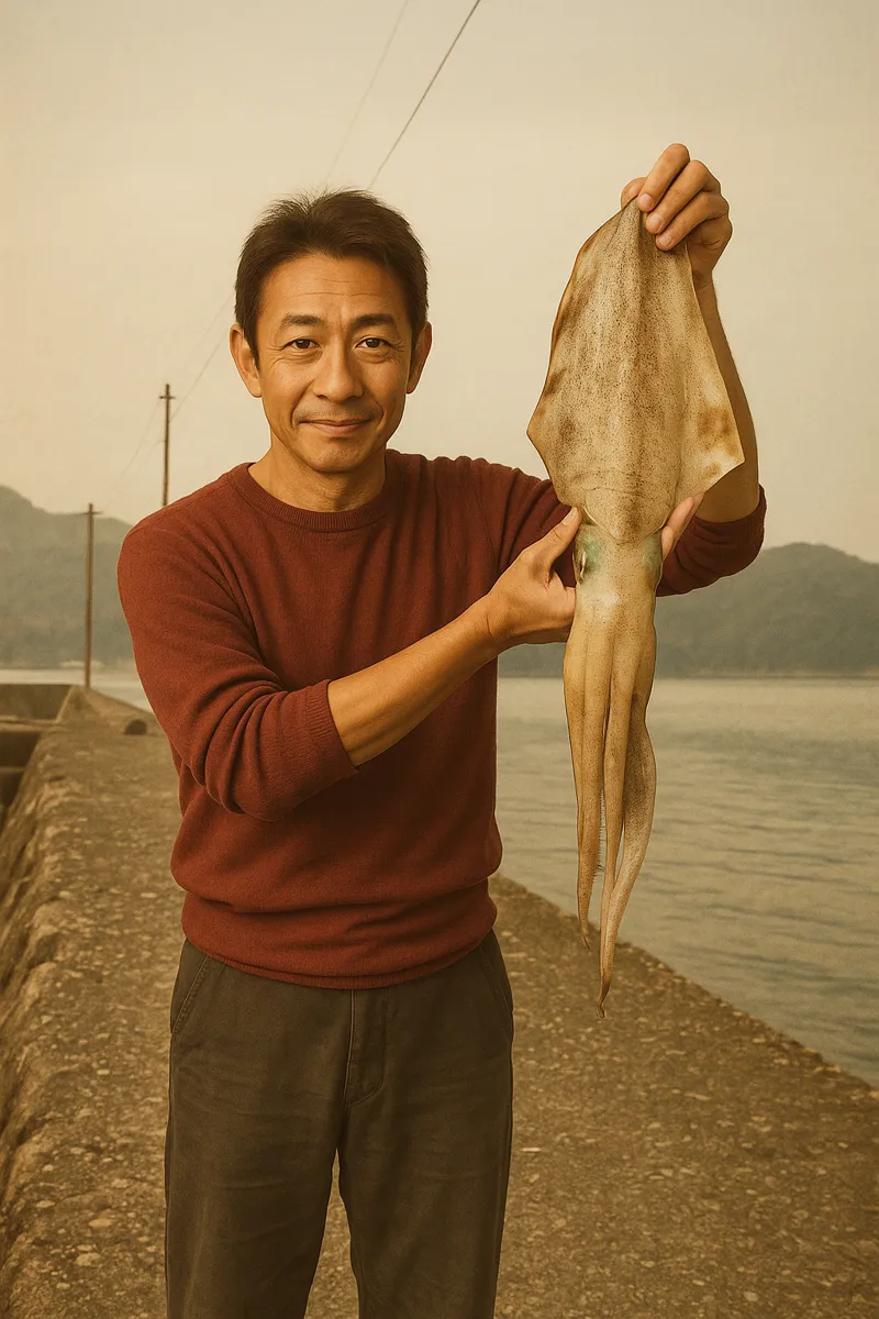 鮪浦港でアオリイカの釣果を得た亀岡.webp
