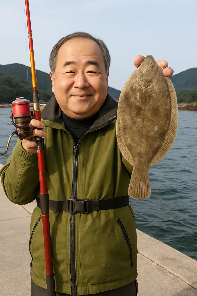 鮫ノ浦漁港でカレイの釣果を得た持田.webp