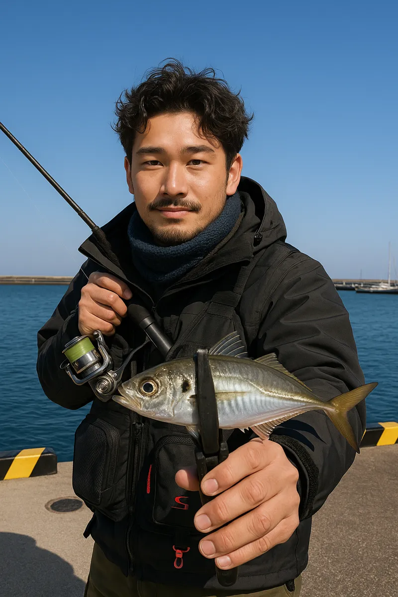 鯵ヶ沢漁港でアジの釣果を得た安城.webp