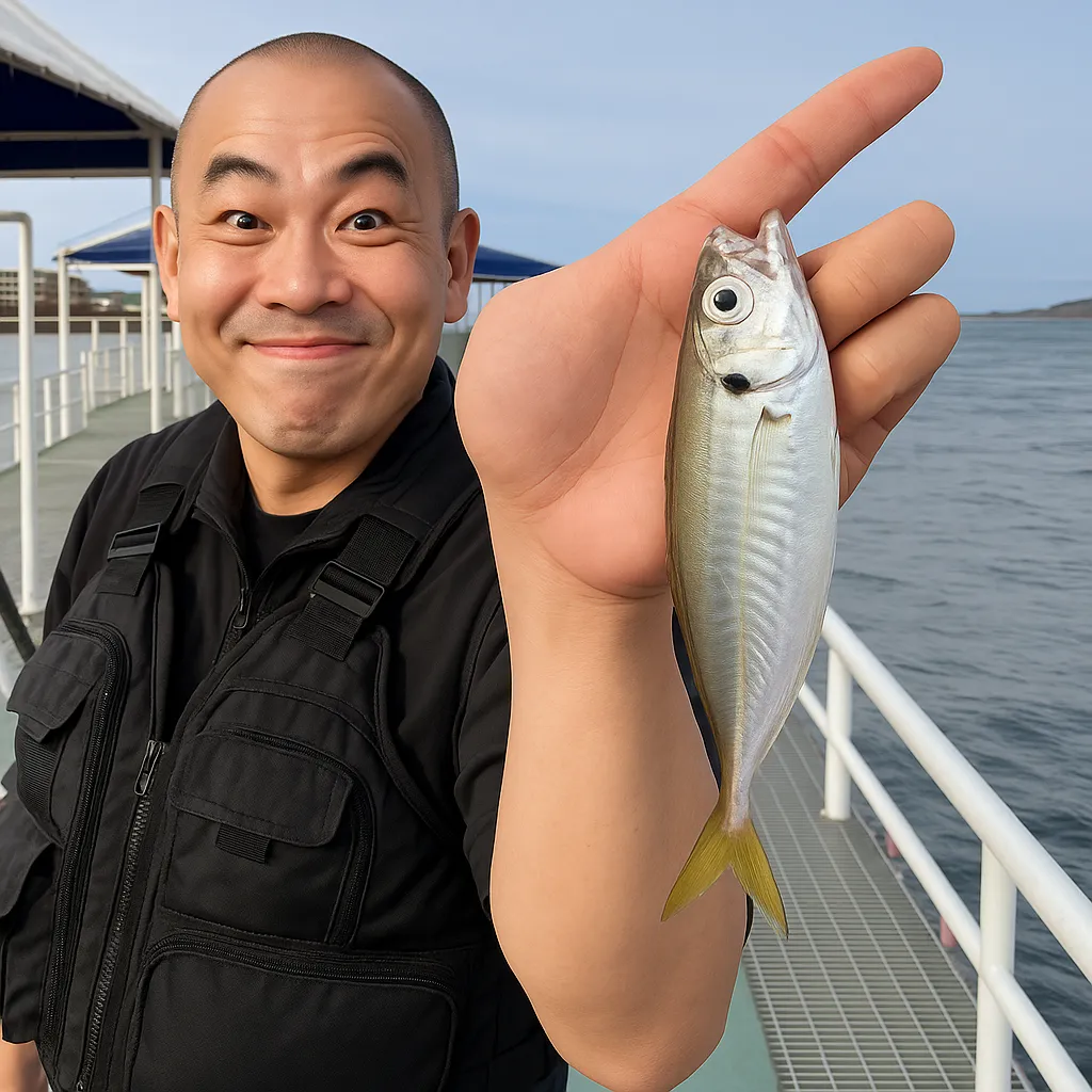 鴨池海づり公園でアジの釣果を得たがんだま君.webp