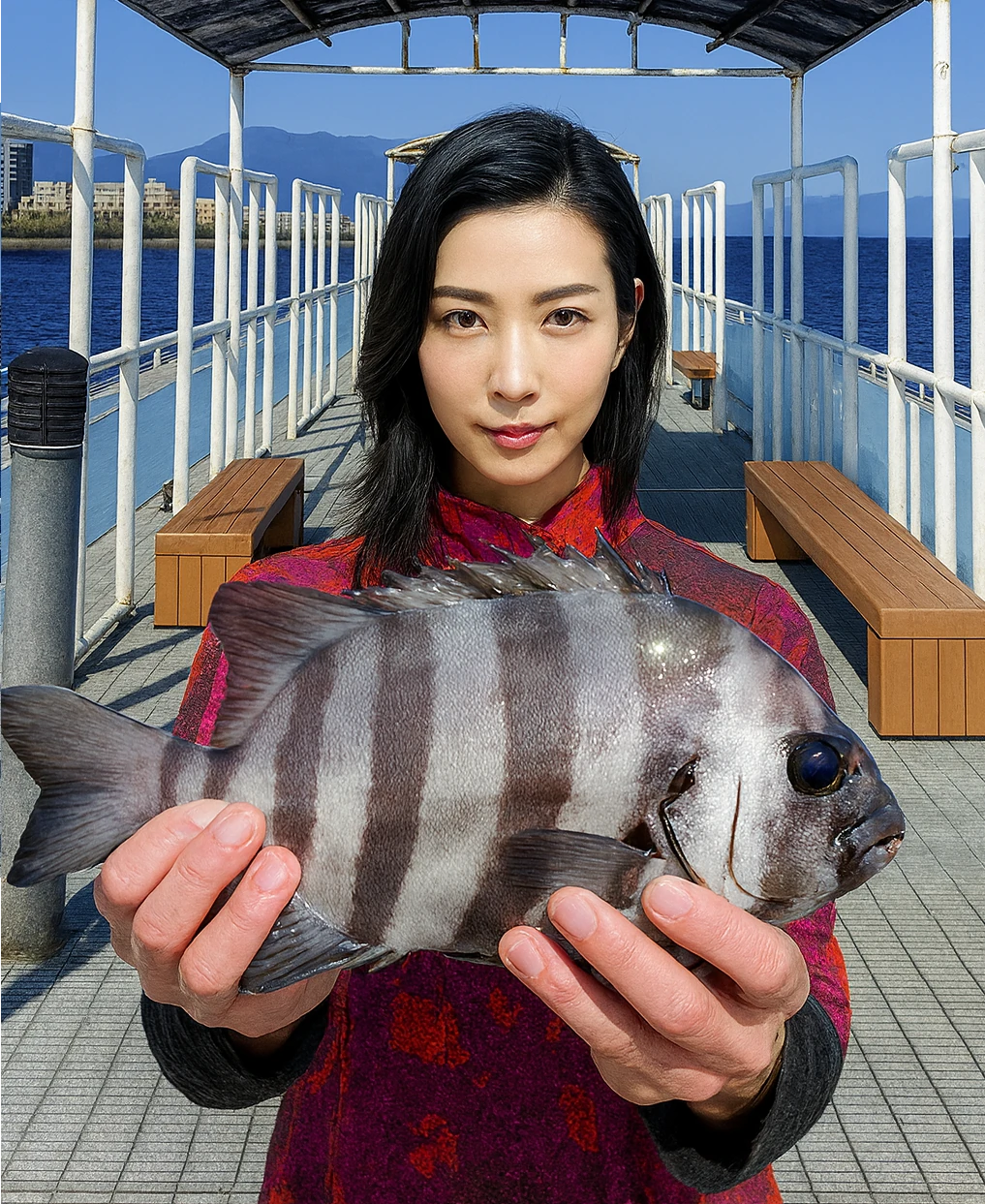 鴨池海づり公園でイシダイの釣果を得た女性.webp