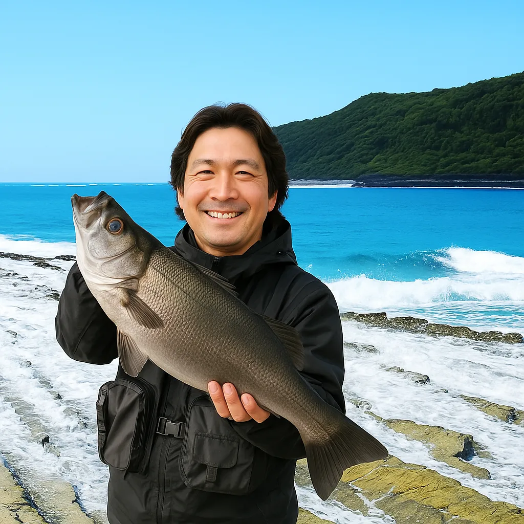 鵜戸崎でヒラスズキの釣果を得た岸本.webp