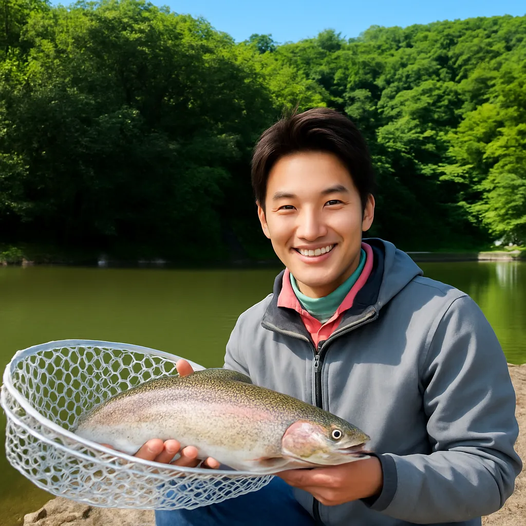 鶴沼川フィッシングパークでニジマスの釣果を得た男性.webp