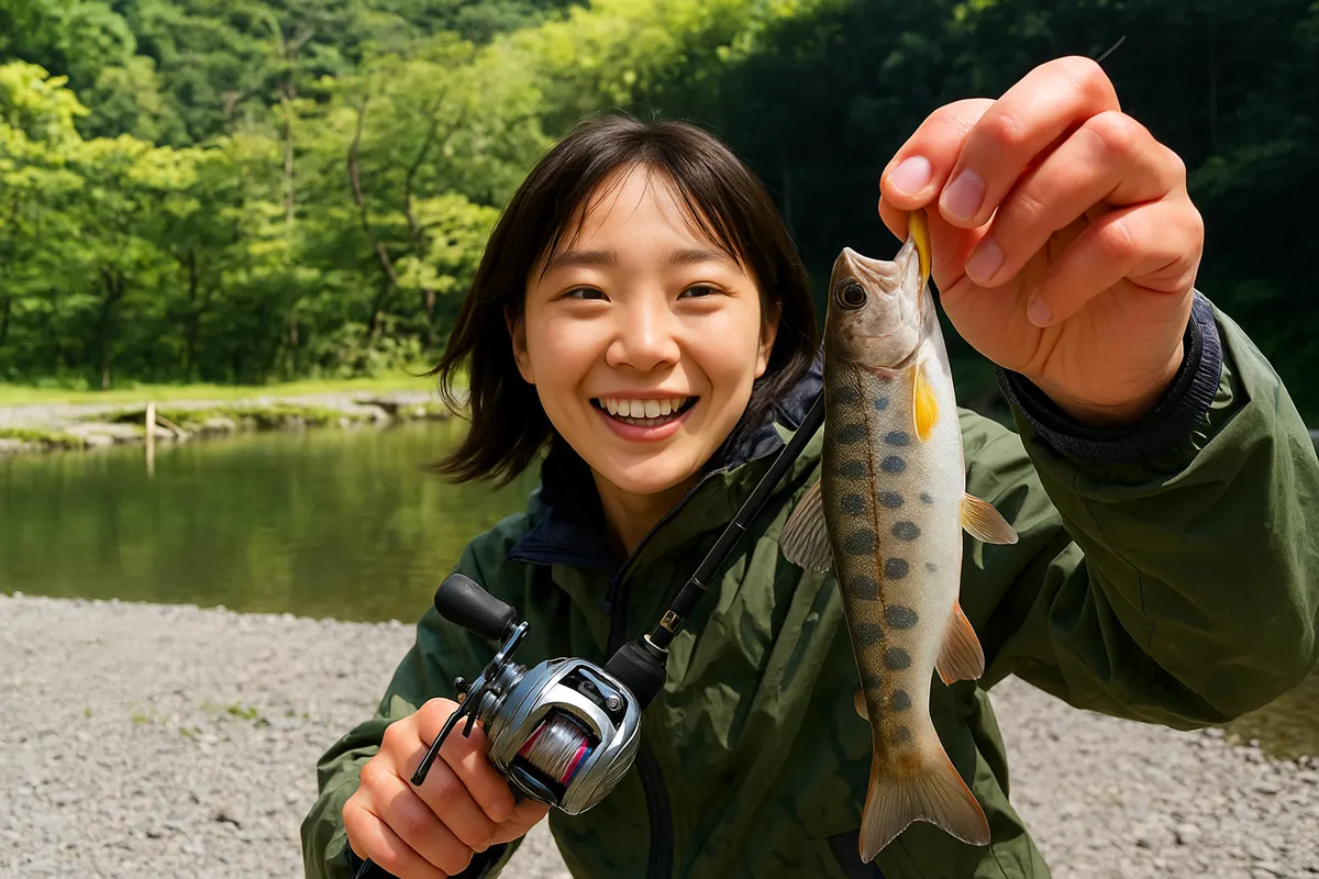 鶴沼川フィッシングパークでヤマメの釣果を得た森永.webp
