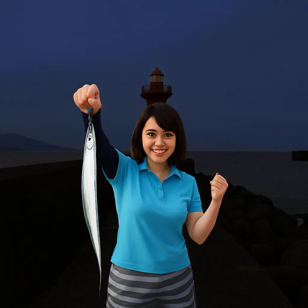鹿児島新港でタチウオの釣果を得た女性.webp