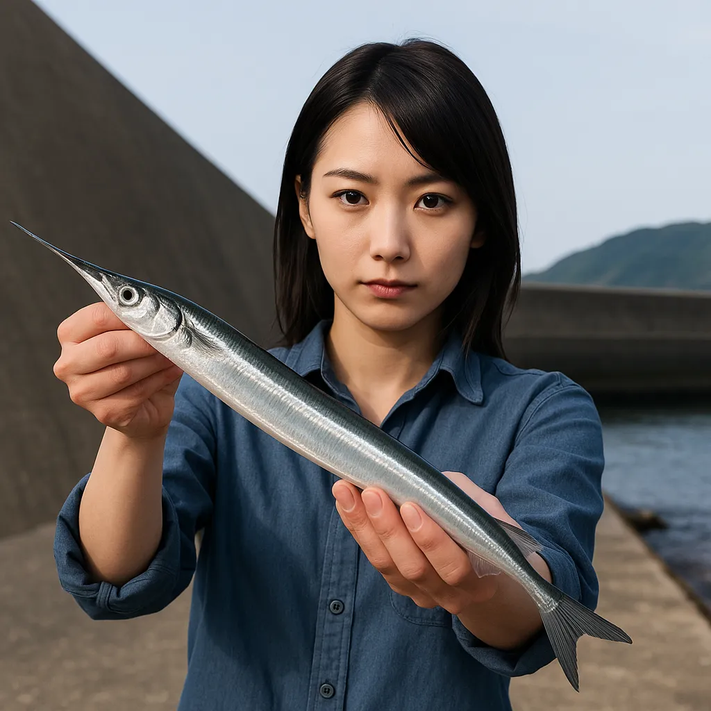 龍飛漁港でサヨリの釣果を得た女性.webp