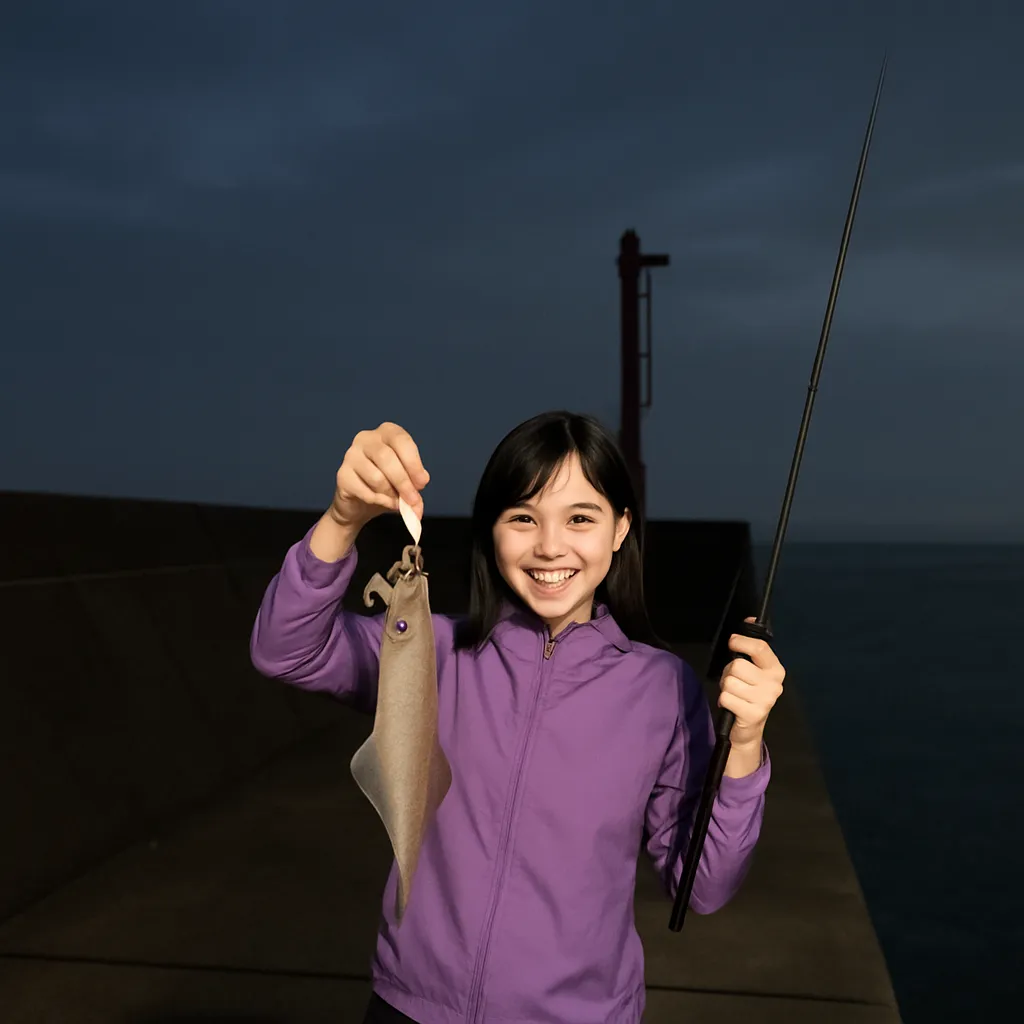 龍飛漁港でヤリイカの釣果を得た女性.webp