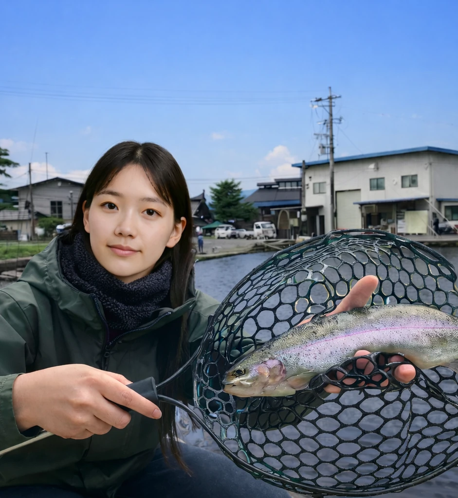 あずみ野フィッシングセンターでニジマスの釣果を得た森永.webp