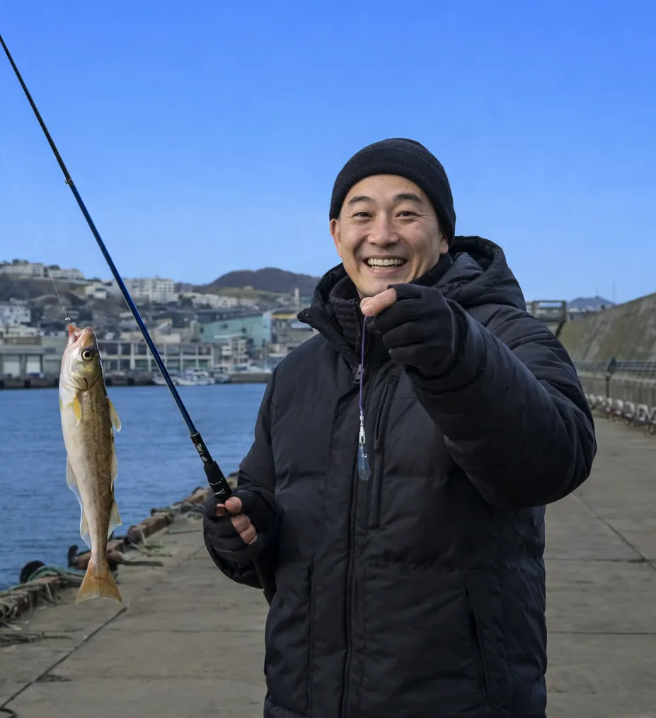 えりも港でコマイの釣果を得たがんだま君.webp