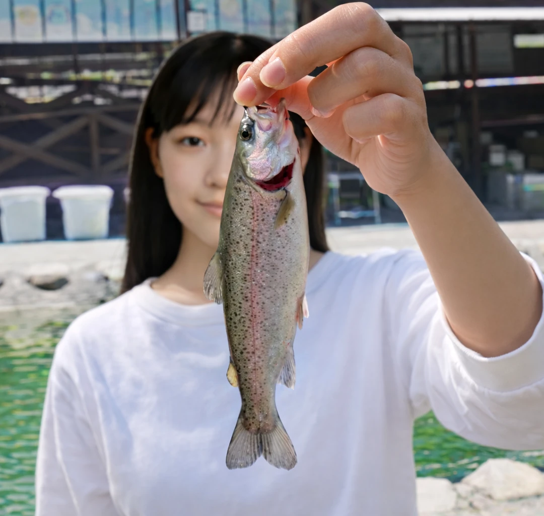 たのめの森フィッシングパークでニジマスの釣果を得た女性.webp