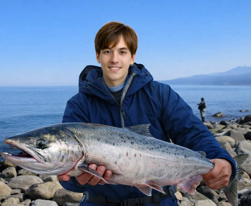 オチカバケ川河口でサケの釣果を得た久良木.webp