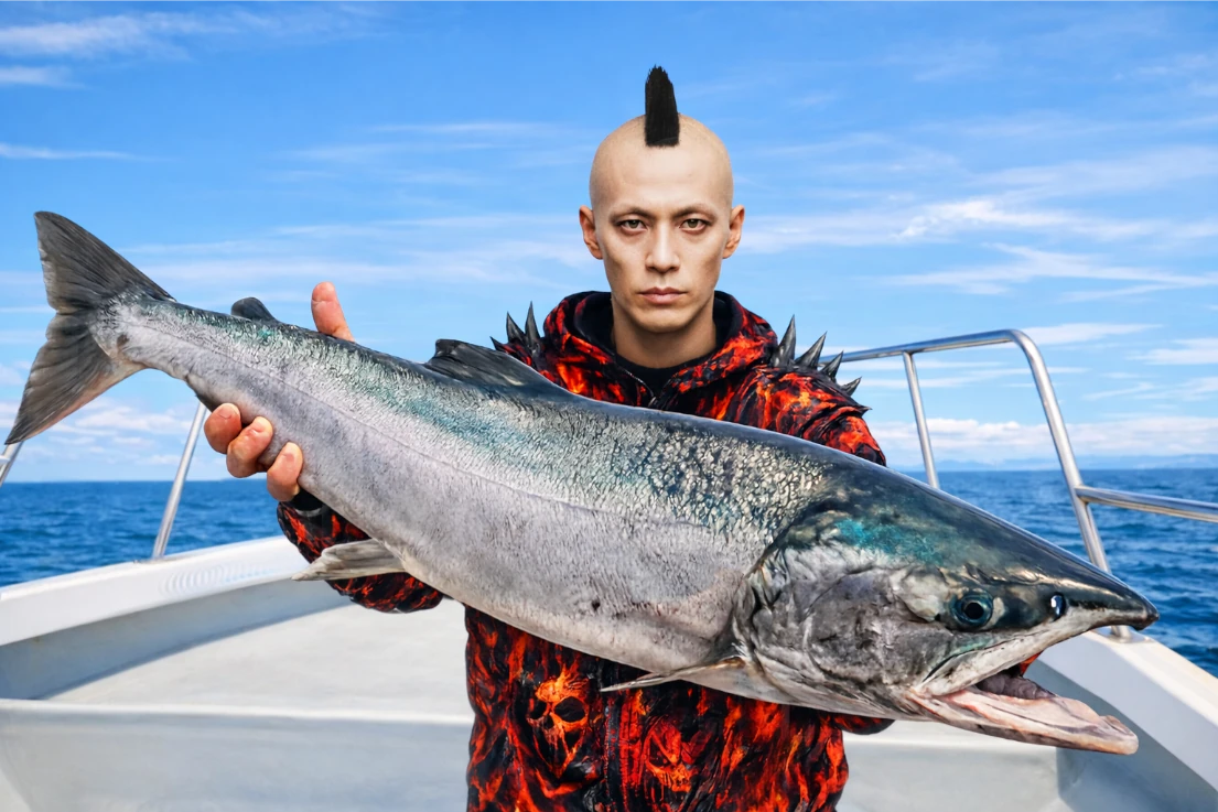 オホーツク海でサケの釣果を得た馬頭.webp