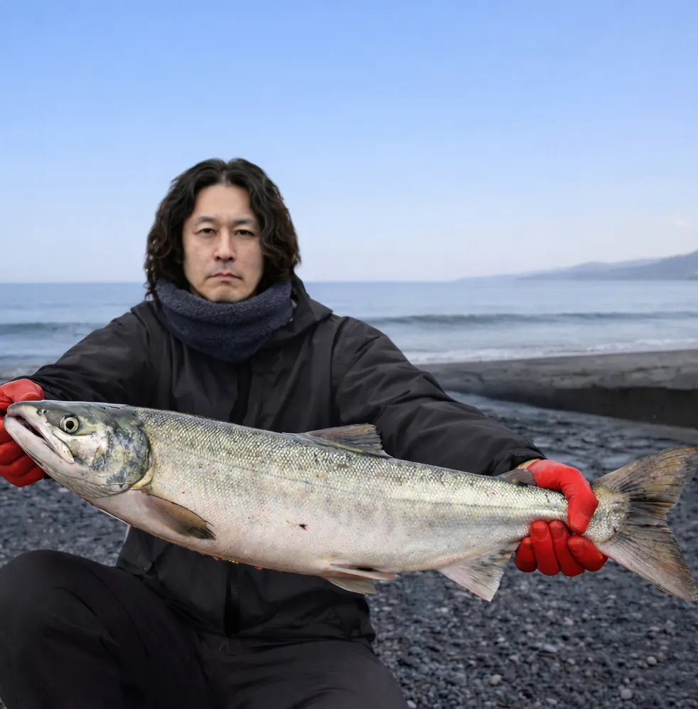 フーレップ川河口でサケの釣果を得た岸本.webp