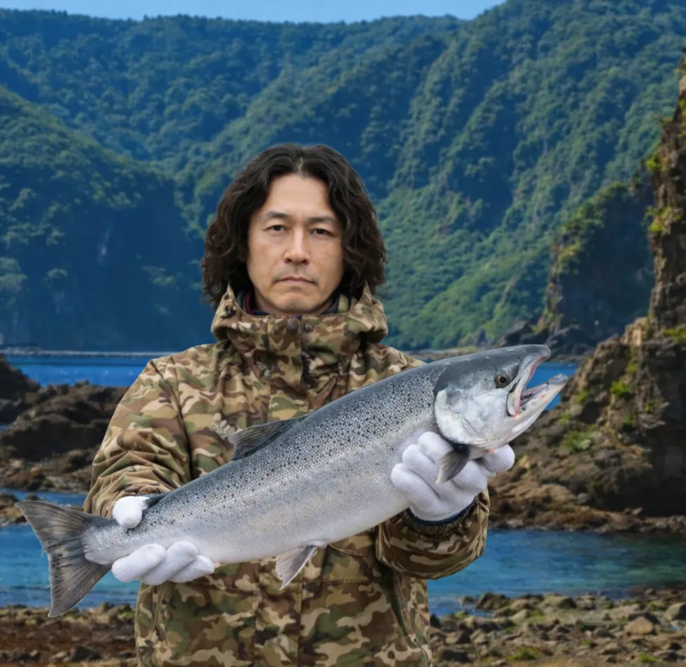 ワッカケ岬でサクラマスの釣果を得た岸本.webp