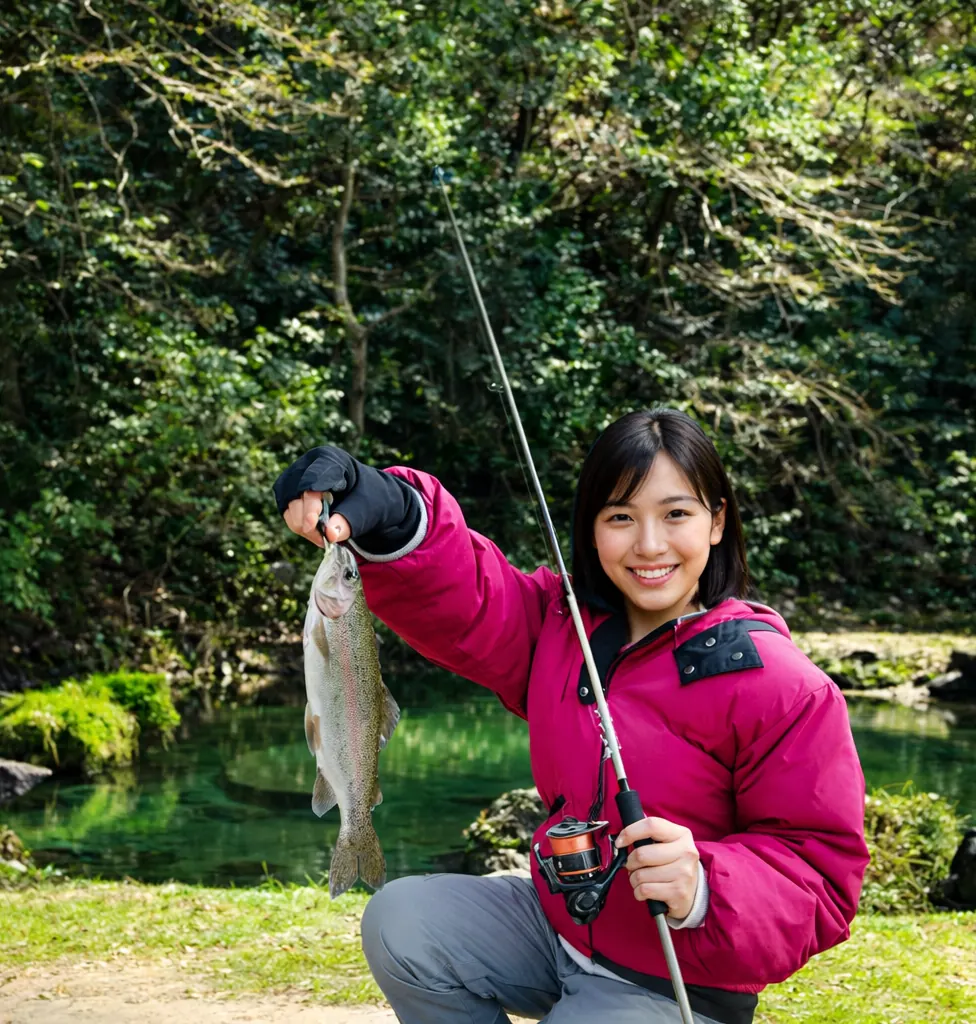 七瀬川渓流釣り場でニジマスの釣果を得た黒川.webp
