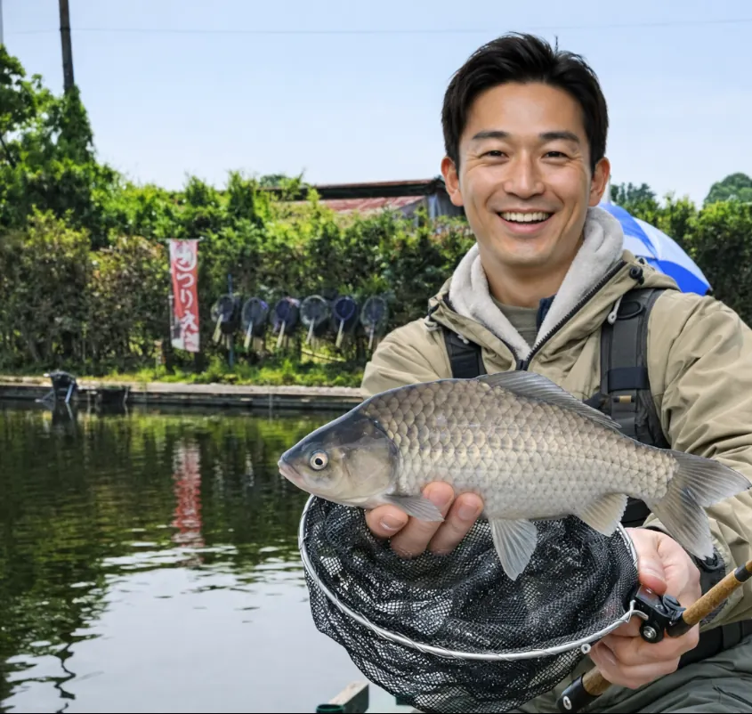 三和新池でヘラブナの釣果を得た勝田.webp
