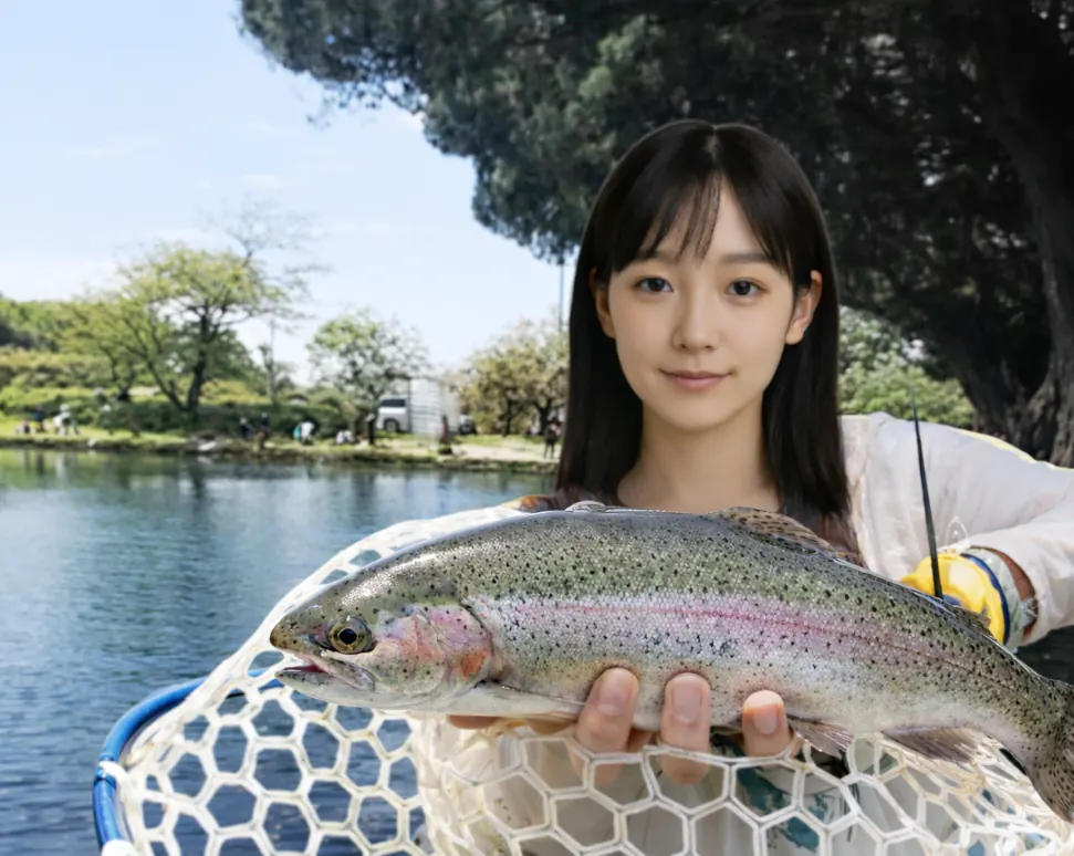 上浜つり堀センターでニジマスの釣果を得た国生.webp