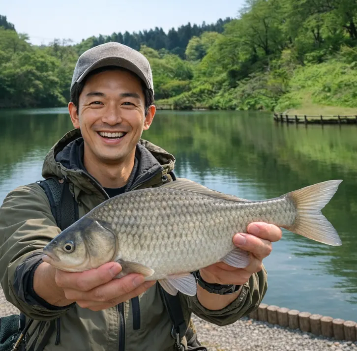 下条川ダムでヘラブナの釣果を得た勝田.webp