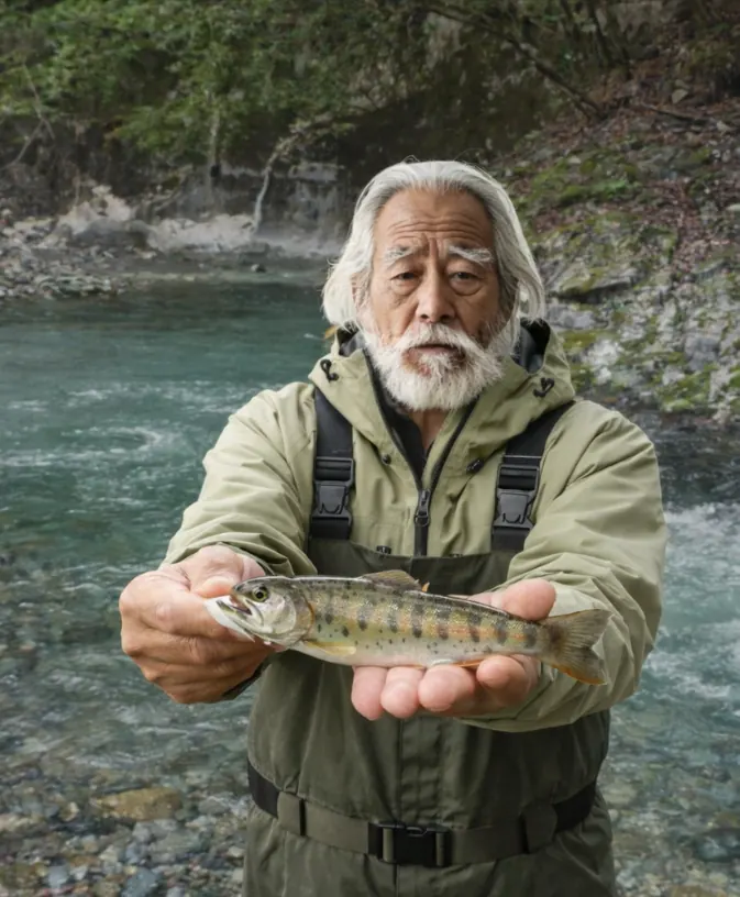世附川でヤマメの釣果を得た米田.webp