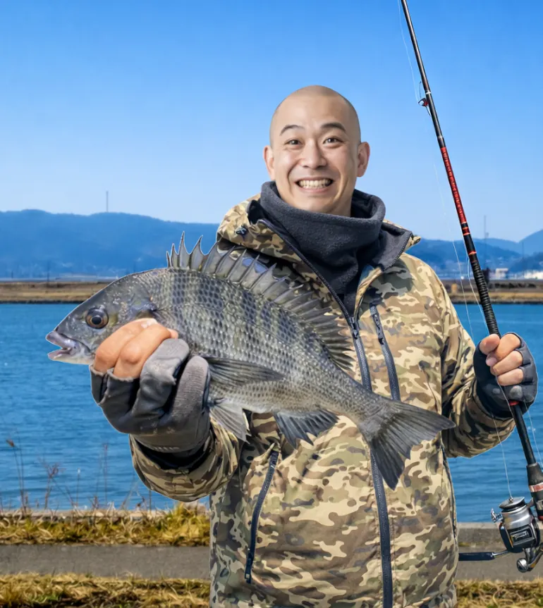 中海でチヌの釣果を得たがんだま君.webp