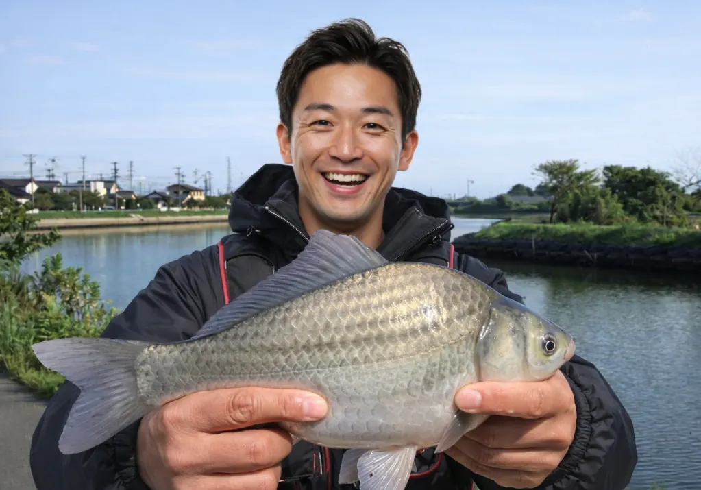 五三川でヘラブナの釣果を得た勝田.webp